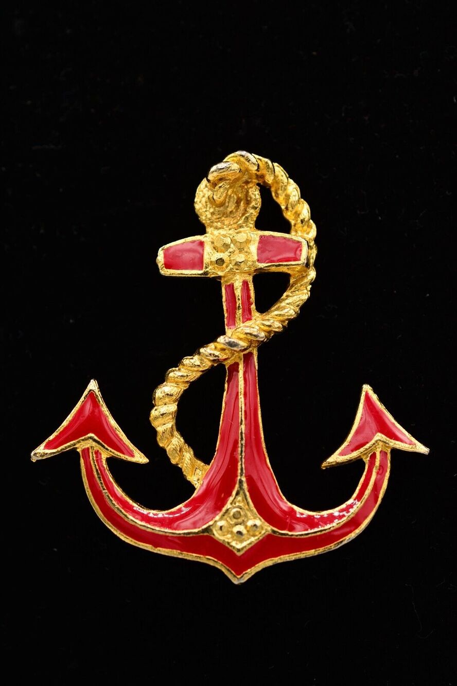 Vintage Anchor Pin Brooch Red Enamel Gold Tone 2" Nautical Ocean 1990s BinAC